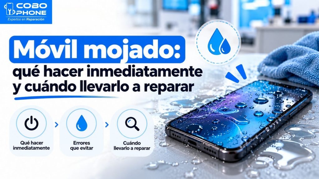 Técnico de Cobo Phone Spare Parts examinando un móvil mojado para su reparación