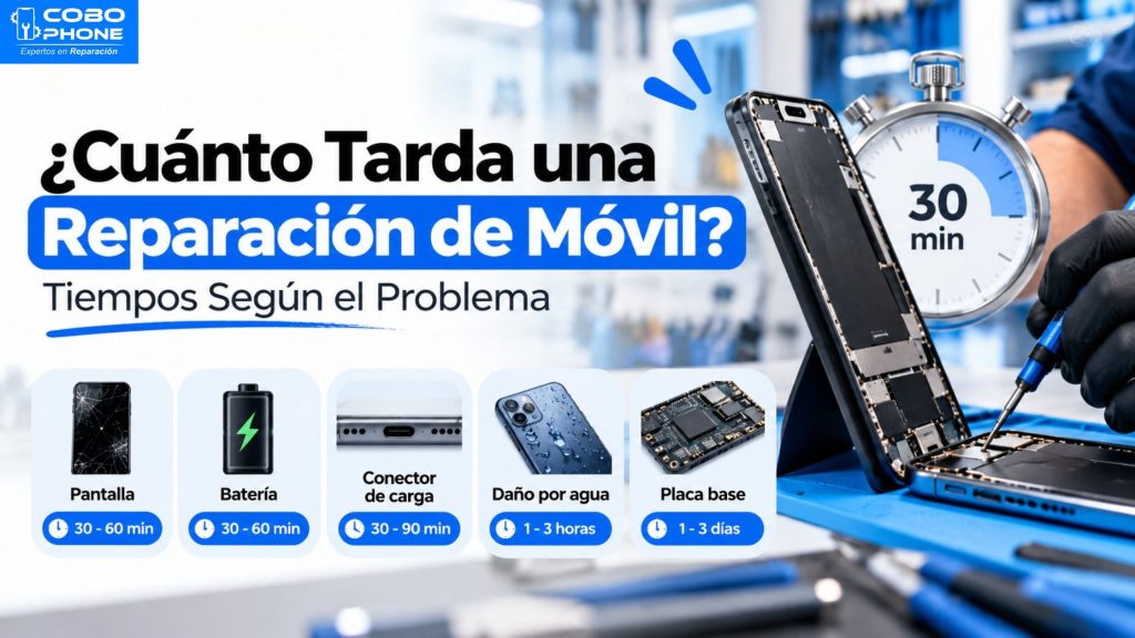 Infografía descriptiva de Cobo Phone Spare Parts mostrando la estimación de tiempos de reparación para cambio de pantalla, batería y conector de carga en smartphones.