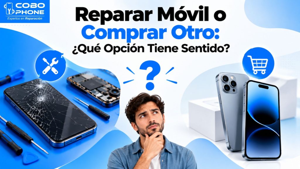 alt="Infografía conceptual de Cobo Phone Spare Parts comparando los costes entre reparar un teléfono móvil averiado y comprar un dispositivo nuevo."